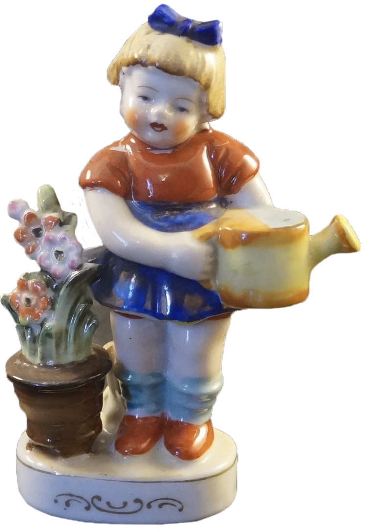 a porcelain statuette of a girl watering flowers